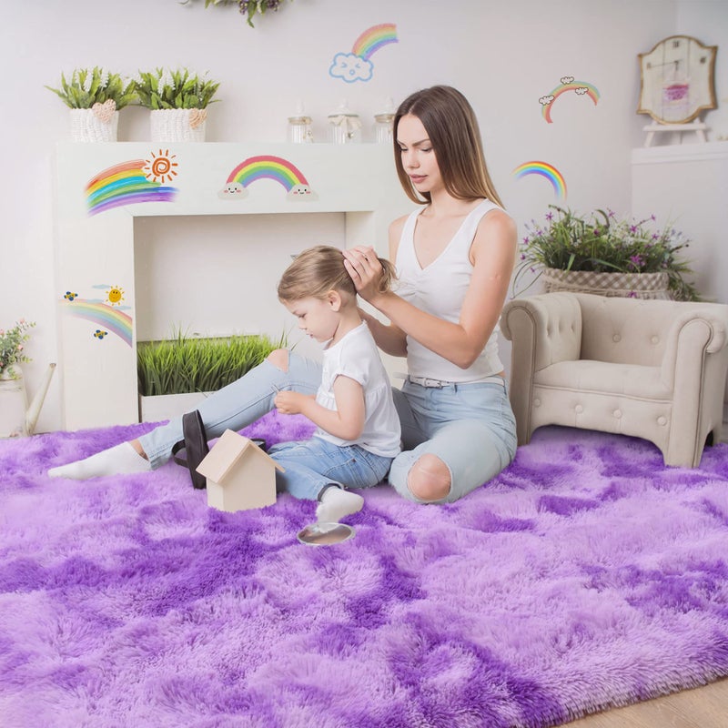 LOCHAS Luxury Fluffy Rainbow Area Rug for Girls Bedroom 4x6, Soft Fuzzy Kids Rugs for Bedroom Boys Playroom, Cute Colorful Tie Dye Princess Carpet for Nursery Living Room Home Decor, Purple - Image 3